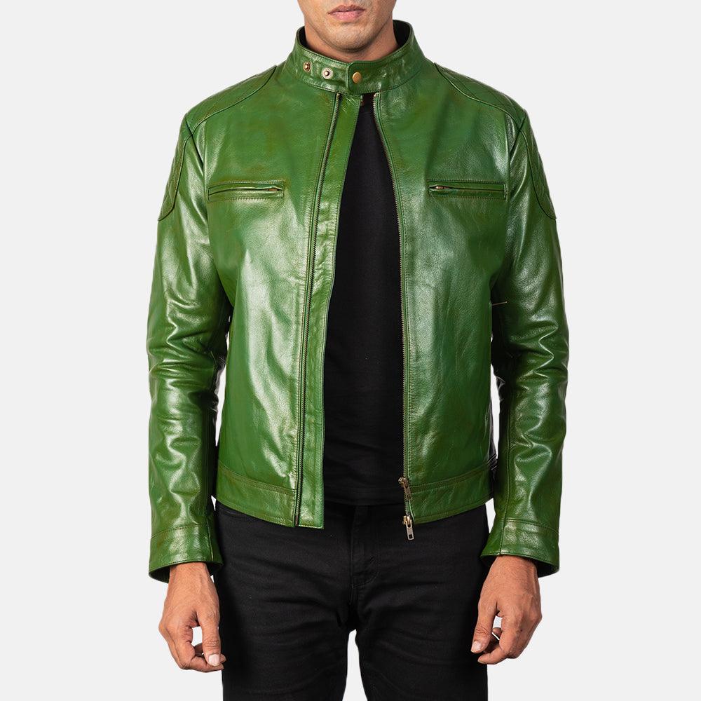 Green Leather Biker Jacket Men