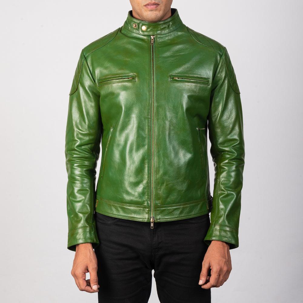 Green Leather Biker Jacket Men-3