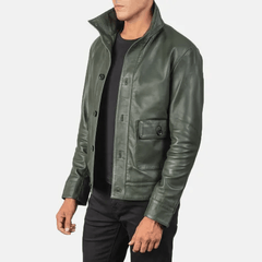 Mens Green Leather Bomber Jacket-1