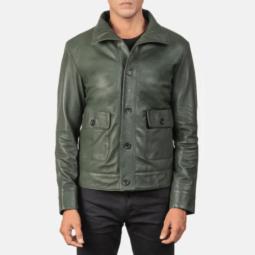 Mens Green Leather Bomber Jacket-4