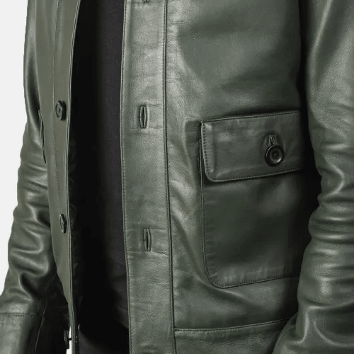 Mens Green Leather Bomber Jacket-3