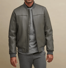 Mens Grey Leather Bomber Jacket