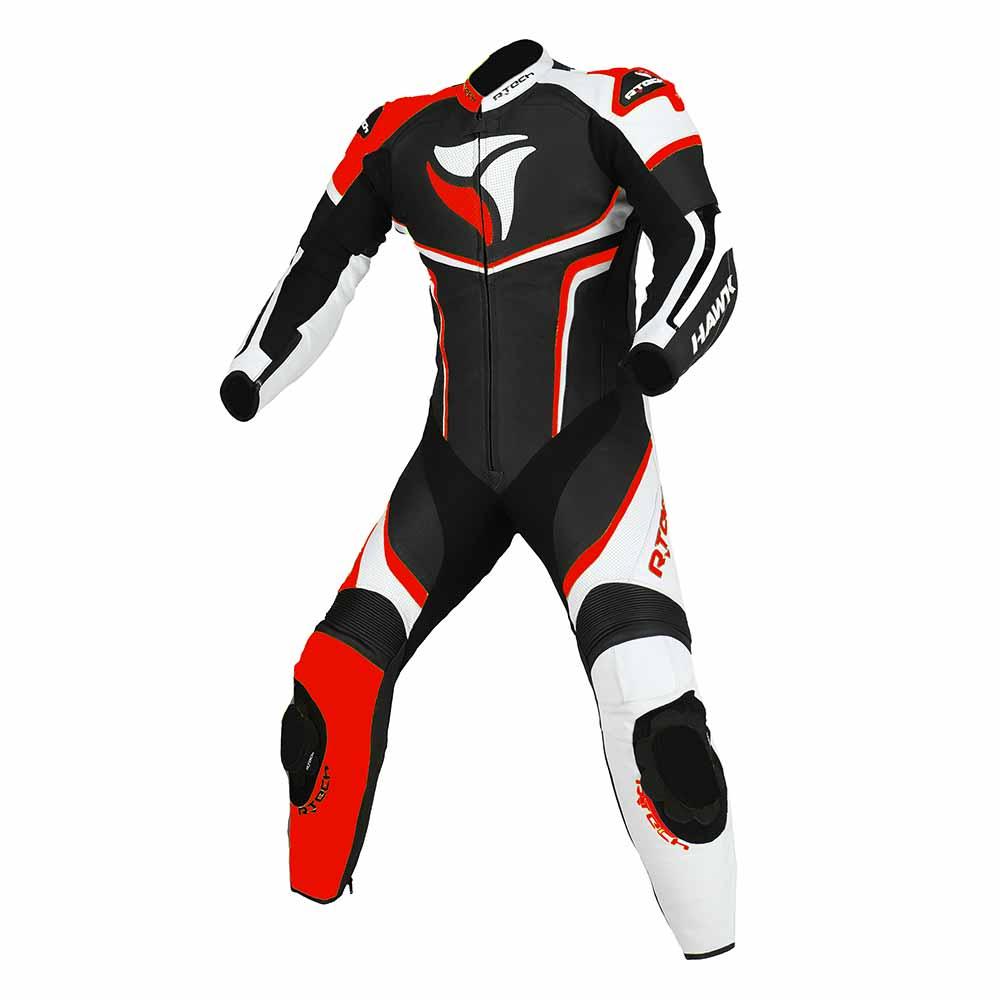 Hawk 1PC Leather Motorcycle Racing Suit Black White Red Front
