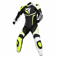 Hawk 1PC Leather Motorcycle Racing Suit Black White Yellow Front