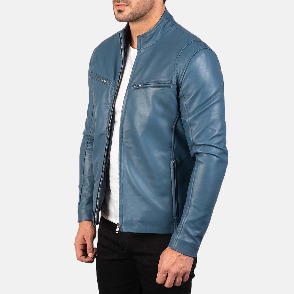 Ionic Blue Leather Biker Jacket-4