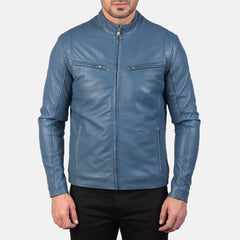 Ionic Blue Leather Biker Jacket-3
