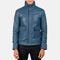 Mens Ionic Blue Leather Bomber Jacket