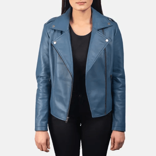 Womens Ionic Blue Leather Ladies Jacket-2