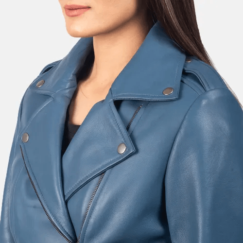 Womens Ionic Blue Leather Ladies Jacket-4