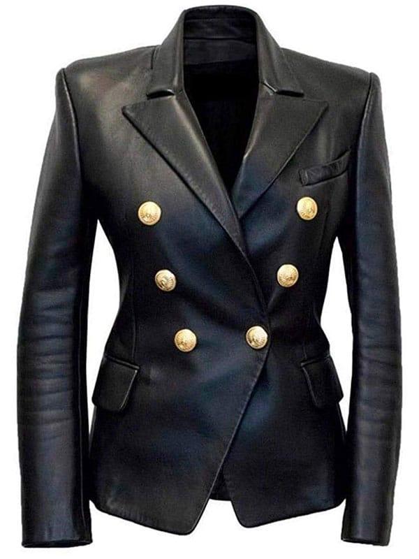 Kim-Kardashian-Black-Leather-Blazer-Jacket-Front