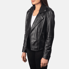 Ladies Black Leather Biker Jacket-3