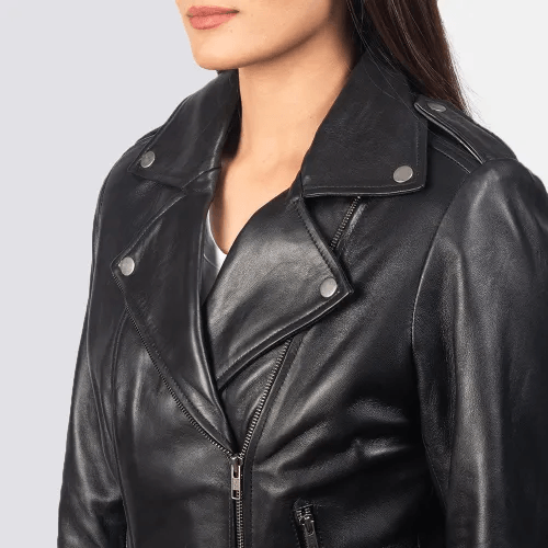 Womens Flashback Black Leather Biker Jacket - Leather Jacket Gear