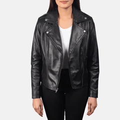 Ladies Black Leather Biker Jacket-1