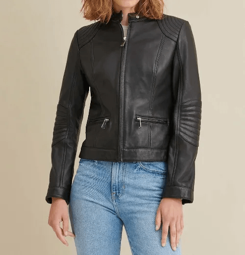 Ladies Leather Jacket with Quilted Shoulder-1
