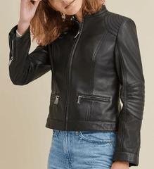 Ladies Leather Jacket with Quilted Shoulder-3