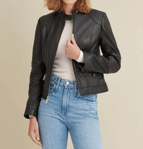 Ladies Leather Jacket with Quilted Shoulder