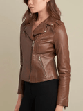 Womens Light Brown Leather Biker Jacket-1