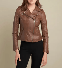 Womens Light Brown Leather Biker Jacket-3