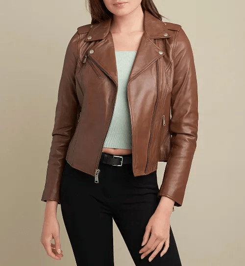 Womens Light Brown Leather Biker Jacket