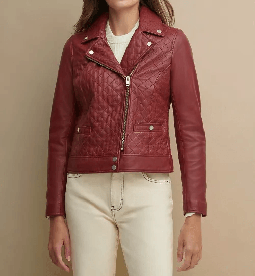 Womens Maroon Asymmetrical Leather Jacket
