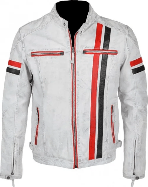Men Biker Style White Leather Motorcycle Jacket