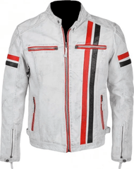Men Biker Style White Leather Motorcycle Jacket