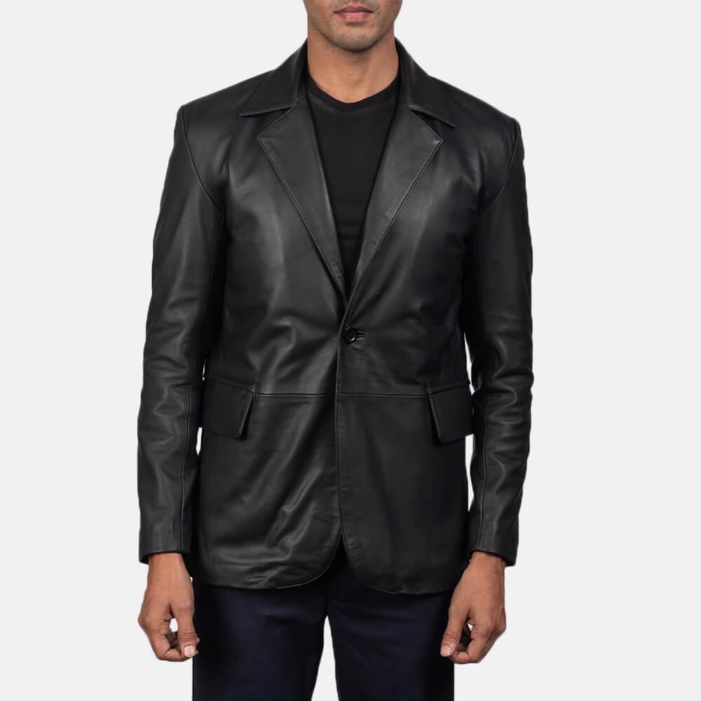 Men's Daron Black Leather Blazer Jacket Front