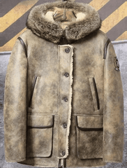Men's Hooded Shearling Parka Leather Bomber Jacket-2