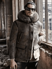 Men's Hooded Shearling Parka Leather Bomber Jacket-3