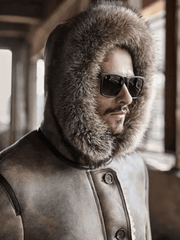 Men's Hooded Shearling Parka Leather Bomber Jacket