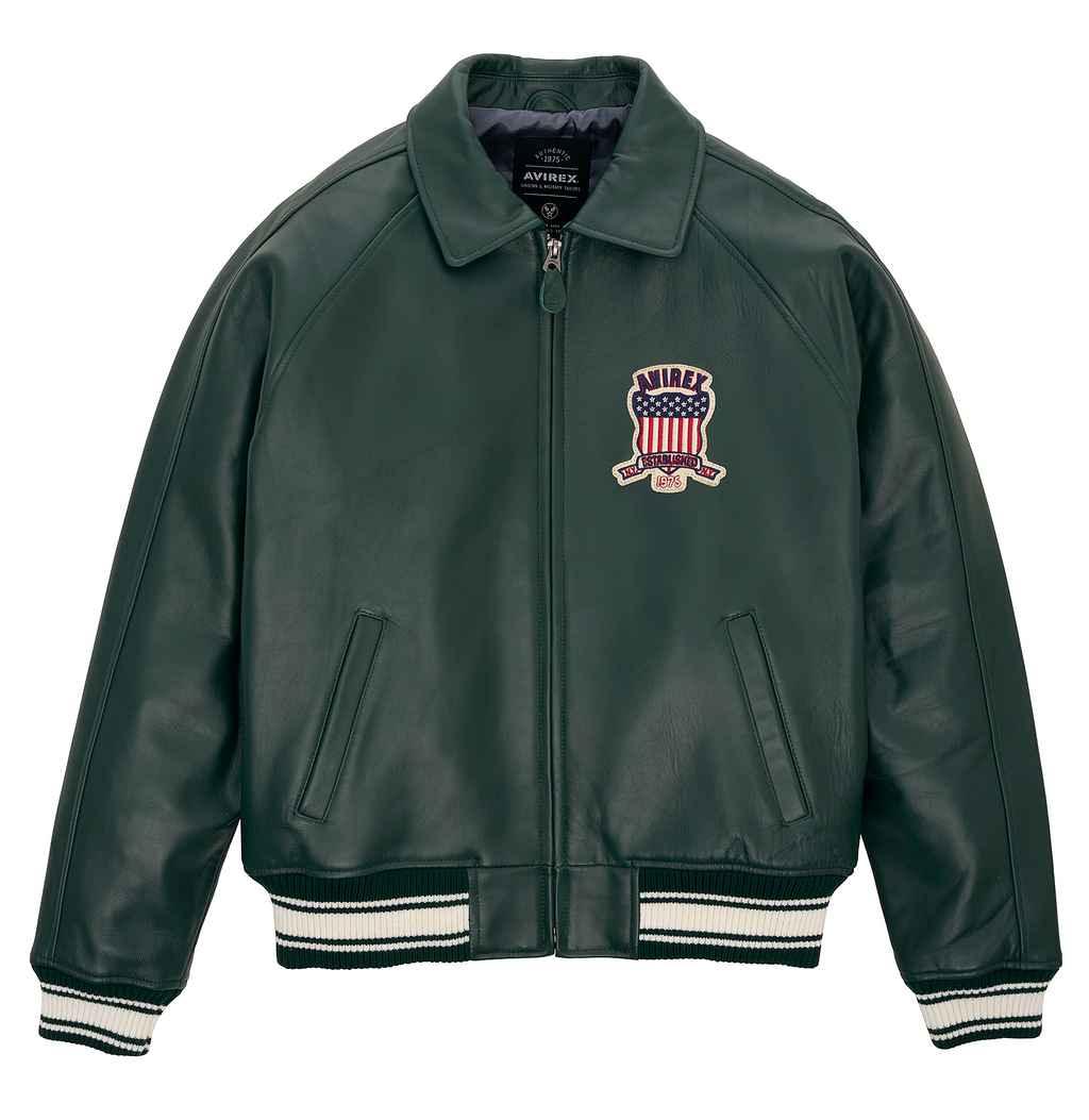 varsity leather jacket green