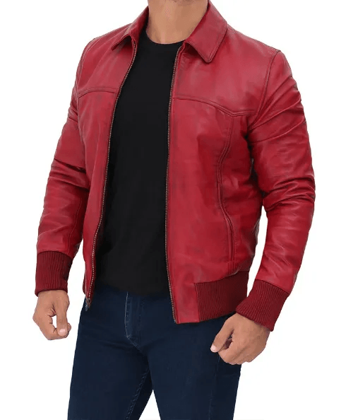 Men's Red Leather Bomber Jacket-3
