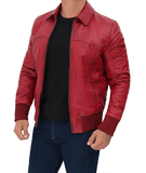 Men's Red Leather Bomber Jacket-3