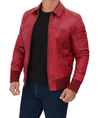 Men's Red Leather Bomber Jacket-3