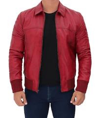 Men's Red Leather Bomber Jacket