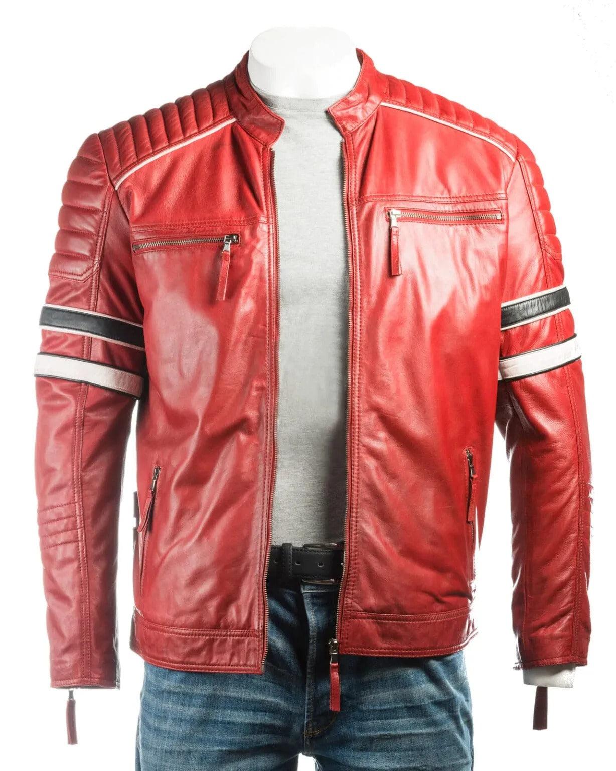 Men’s Red Racing Biker Style Leather Jacket