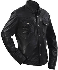 Men’s Retro Denim Style Casual Black Leather Shirt-2
