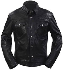 Men’s Retro Denim Style Casual Black Leather Shirt