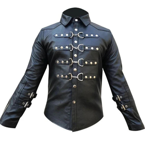 Mens-Black-Leather-Long-Sleeve-Gothic-Button-Up-Shirt-Front