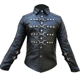 Mens-Black-Leather-Long-Sleeve-Gothic-Button-Up-Shirt-Front