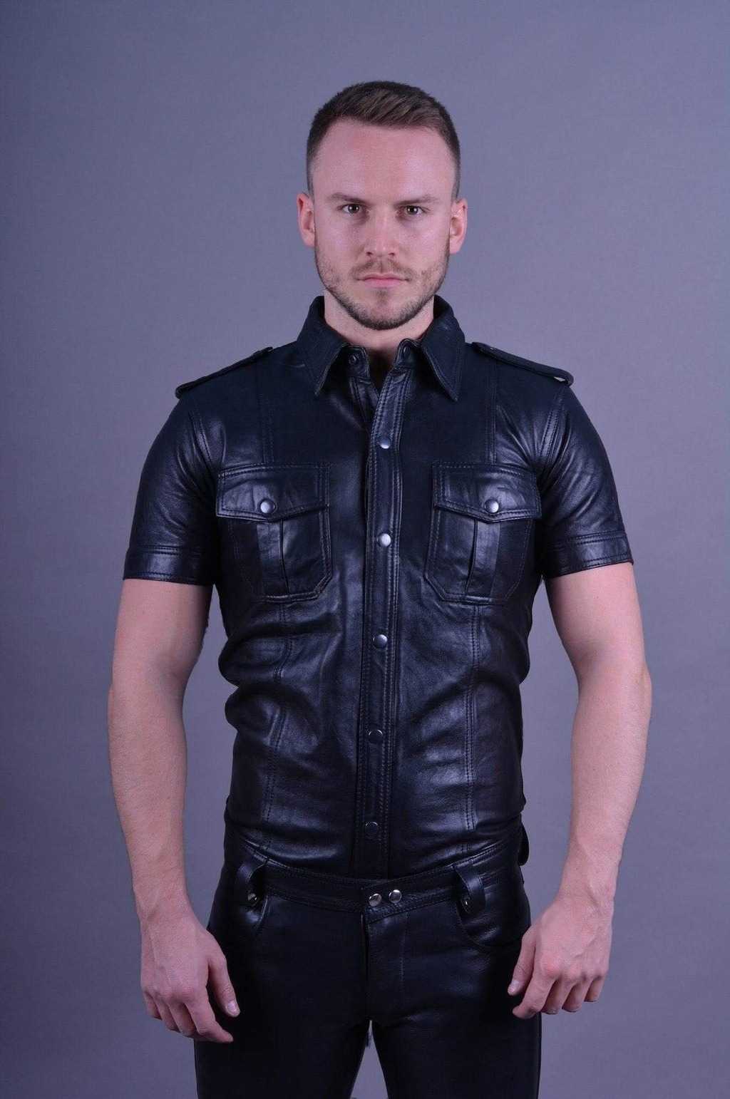 Mens-Black-Leather-Short-Sleeve-Button-Up-Shirt-Front