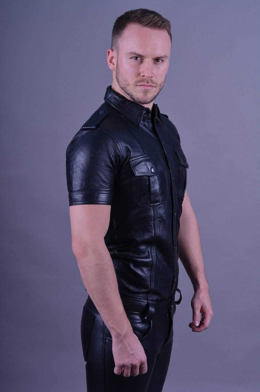 Mens-Black-Leather-Short-Sleeve-Button-Up-Shirt-Side