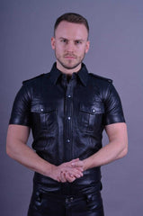 Mens-Black-Leather-Short-Sleeve-Shirt