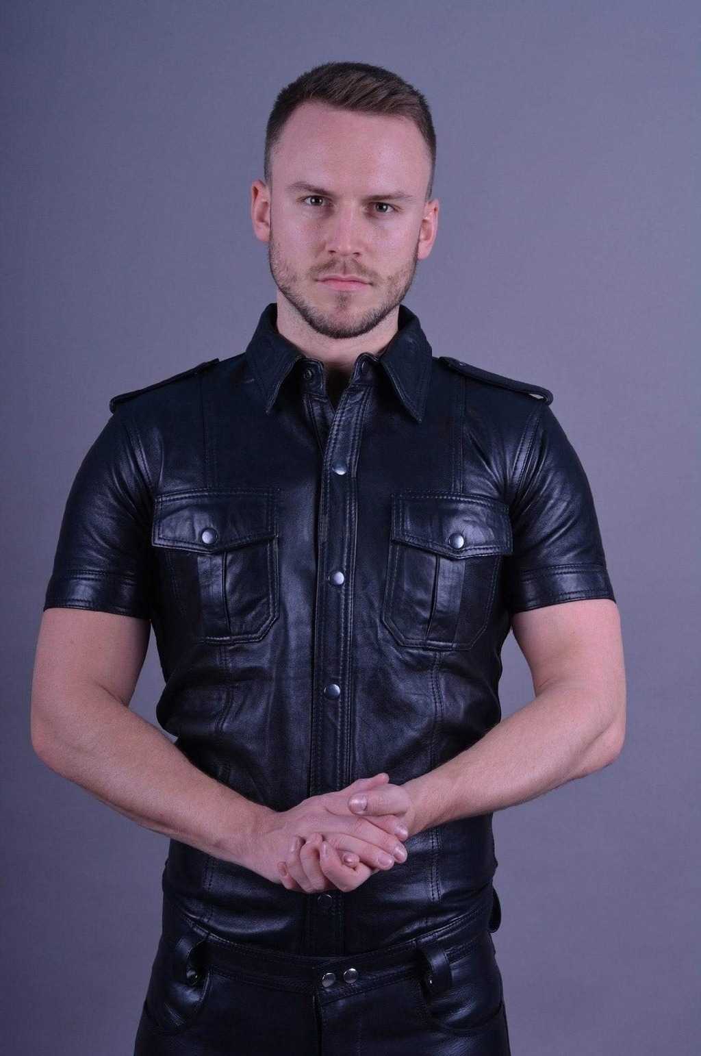 Mens-Black-Soft-Leather-Short-Sleeve-Shirt