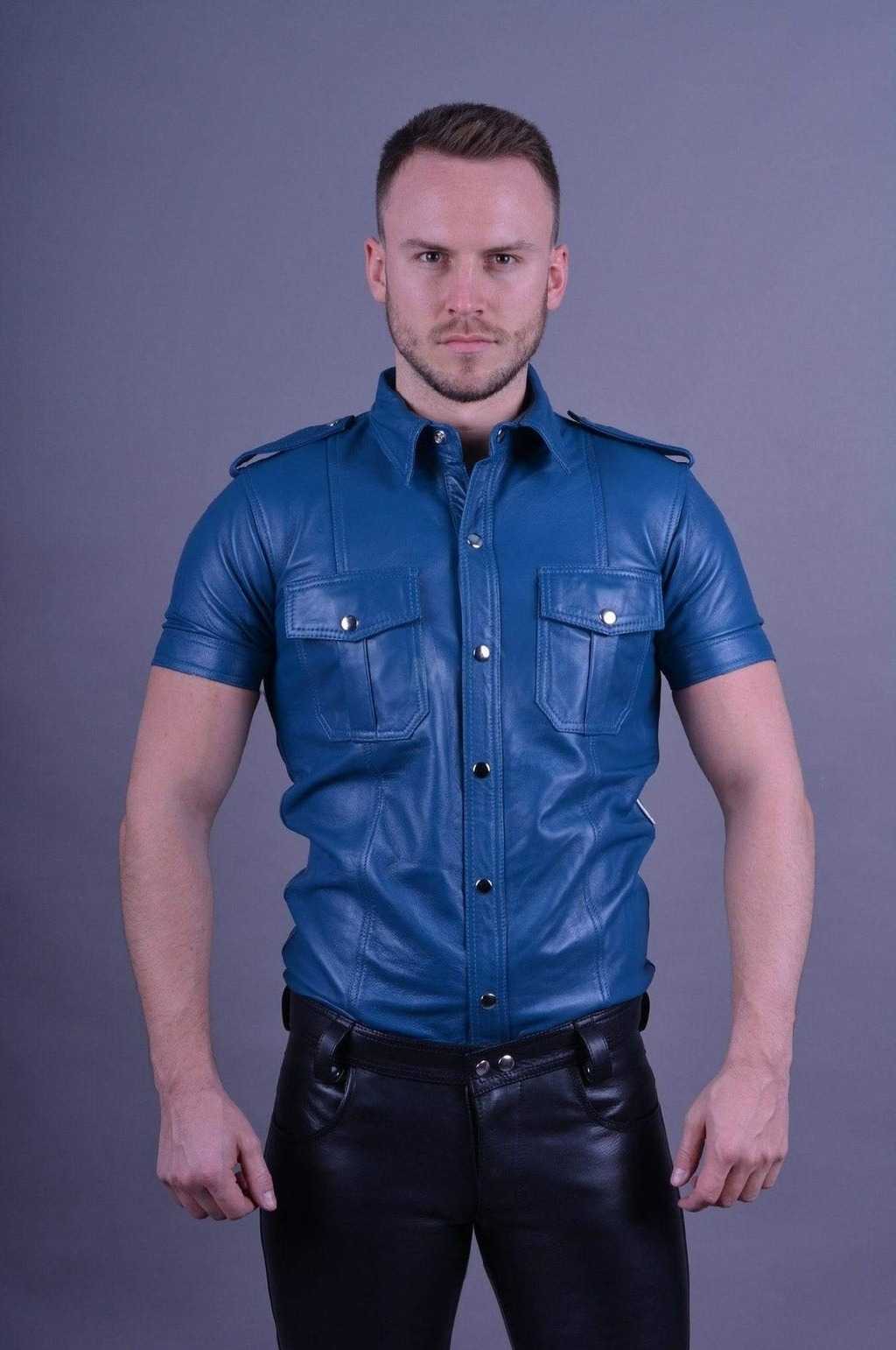 Mens-Blue-Leather-Button-Up-Shirt-Front-Short-Sleeve