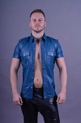 Mens-Blue-Leather-Short-Sleeve-Button-Up-Shirt-Open