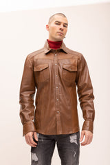 Mens-Brown-Button-Down-Genuine-Leather-Shirt-Front