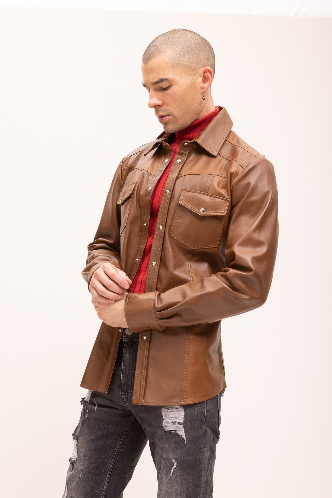 Mens-Brown-Button-Down-Genuine-Leather-Shirt-Side