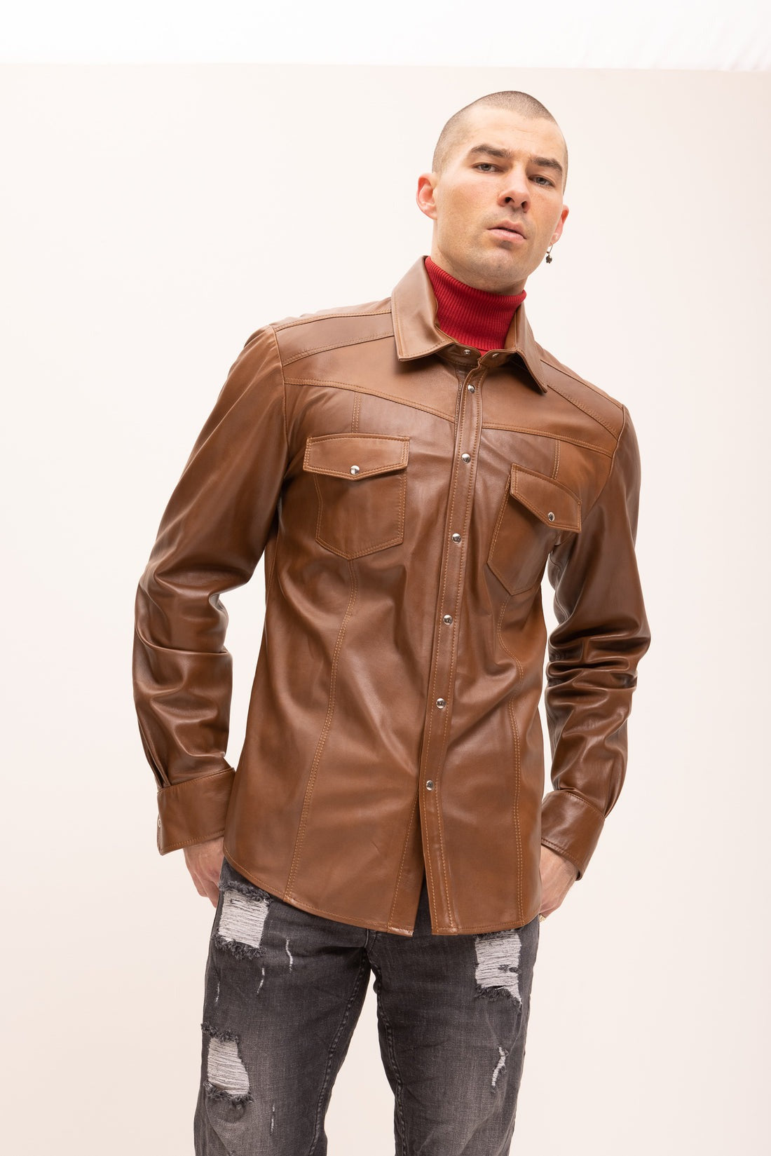 Mens-Brown-Button-Down-Genuine-Leather-Shirt-Style