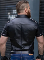 Mens-Gay-Leather-Short-Sleeve-Police-Shirt-with-White-Piping-Back